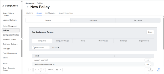 Jamf Pro New Policy screen showing the Scope tab with deployment targets for computers and groups.